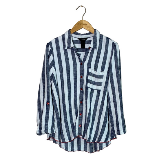 ALI MILES Plus 1X Striped Linen Blend Button Up Roll Tab Sleeve Top Lagenlook - Picture 1 of 11